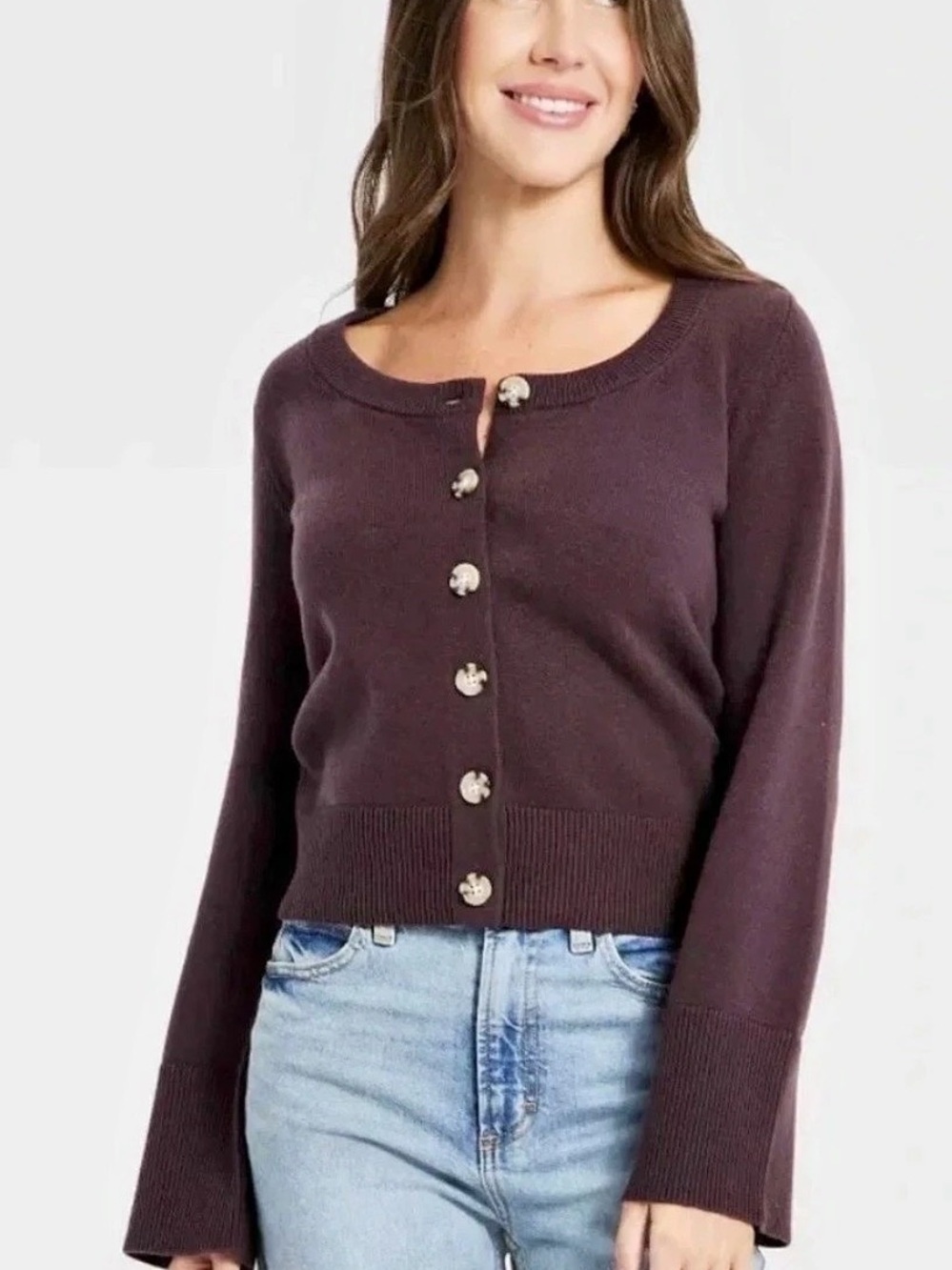 Universal Thread Women's Button-Down Scoop Neck Cardigan Sweater Purple